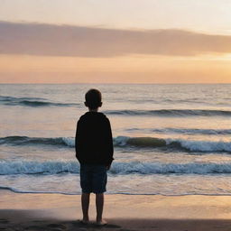 A sorrowful boy standing by the sea during sunset, with waves gently crashing around his feet and his silhouette outlined against the sky.