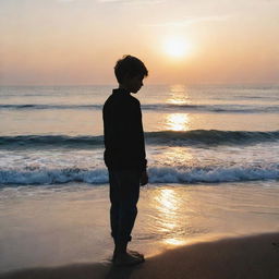 A sorrowful boy standing by the sea during sunset, with waves gently crashing around his feet and his silhouette outlined against the sky.