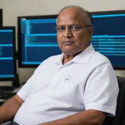 Sharad Pawar dressed as a software engineer, wearing a casual polo shirt, glasses, and sitting in front of a triple monitor setup with lines of code visible on the screen.