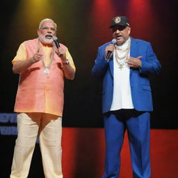 Narendra Modi and Sharad Pawar on stage together dressed as rappers, with backwards baseball caps, bling necklaces, and mic in hands, under vibrant multicolored stage lights.