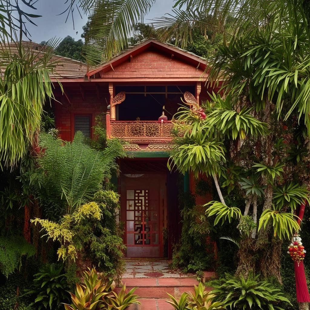 A traditional Indian house, adorned with rangoli patterns at the entrance, made of vibrant brick and wood, surrounded by lush tropical plants.