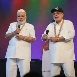 Narendra Modi and Sharad Pawar on stage together dressed as rappers, with backwards baseball caps, bling necklaces, and mic in hands, under vibrant multicolored stage lights.