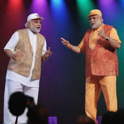 Narendra Modi and Sharad Pawar on stage together dressed as rappers, with backwards baseball caps, bling necklaces, and mic in hands, under vibrant multicolored stage lights.