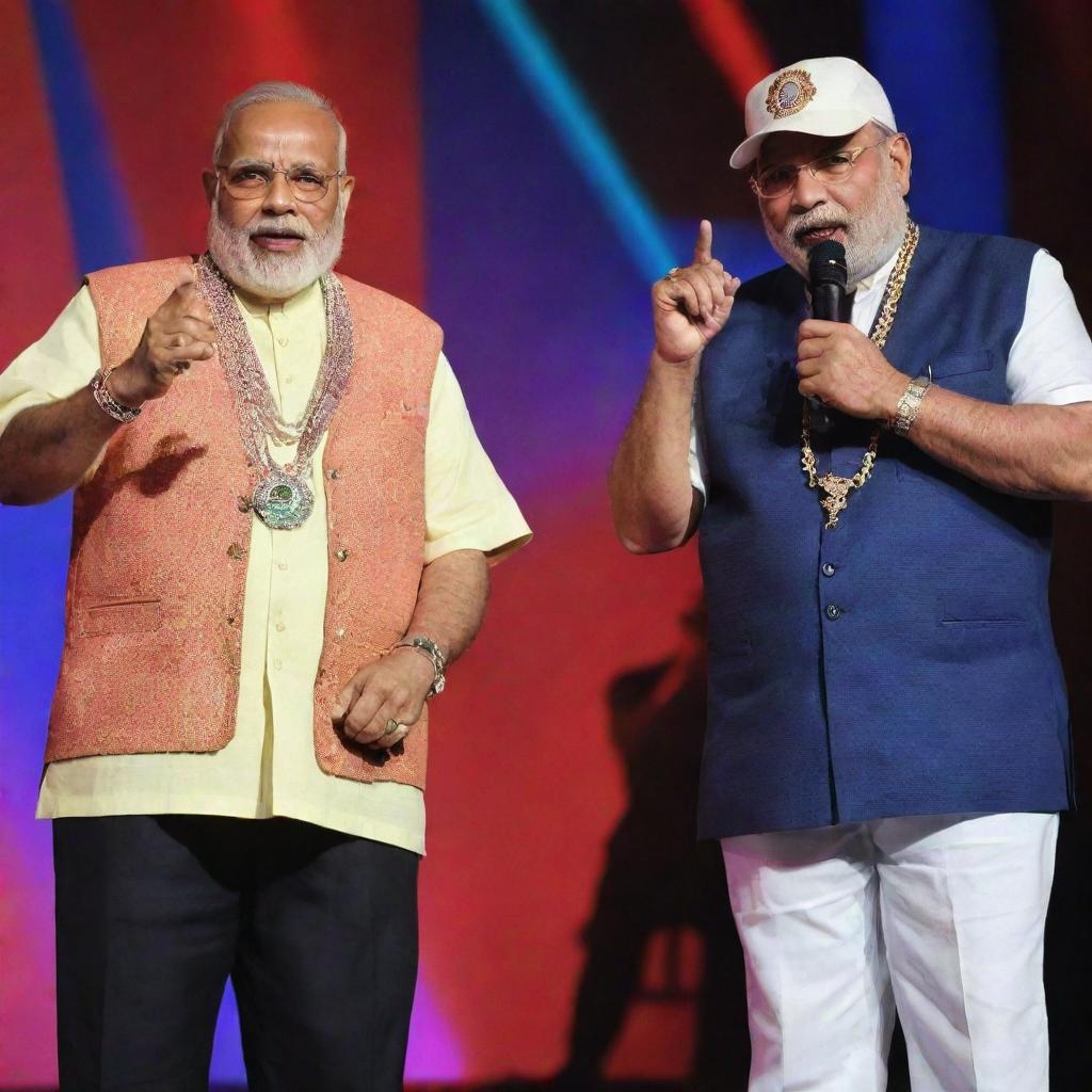 Narendra Modi and Sharad Pawar on stage together dressed as rappers, with backwards baseball caps, bling necklaces, and mic in hands, under vibrant multicolored stage lights.