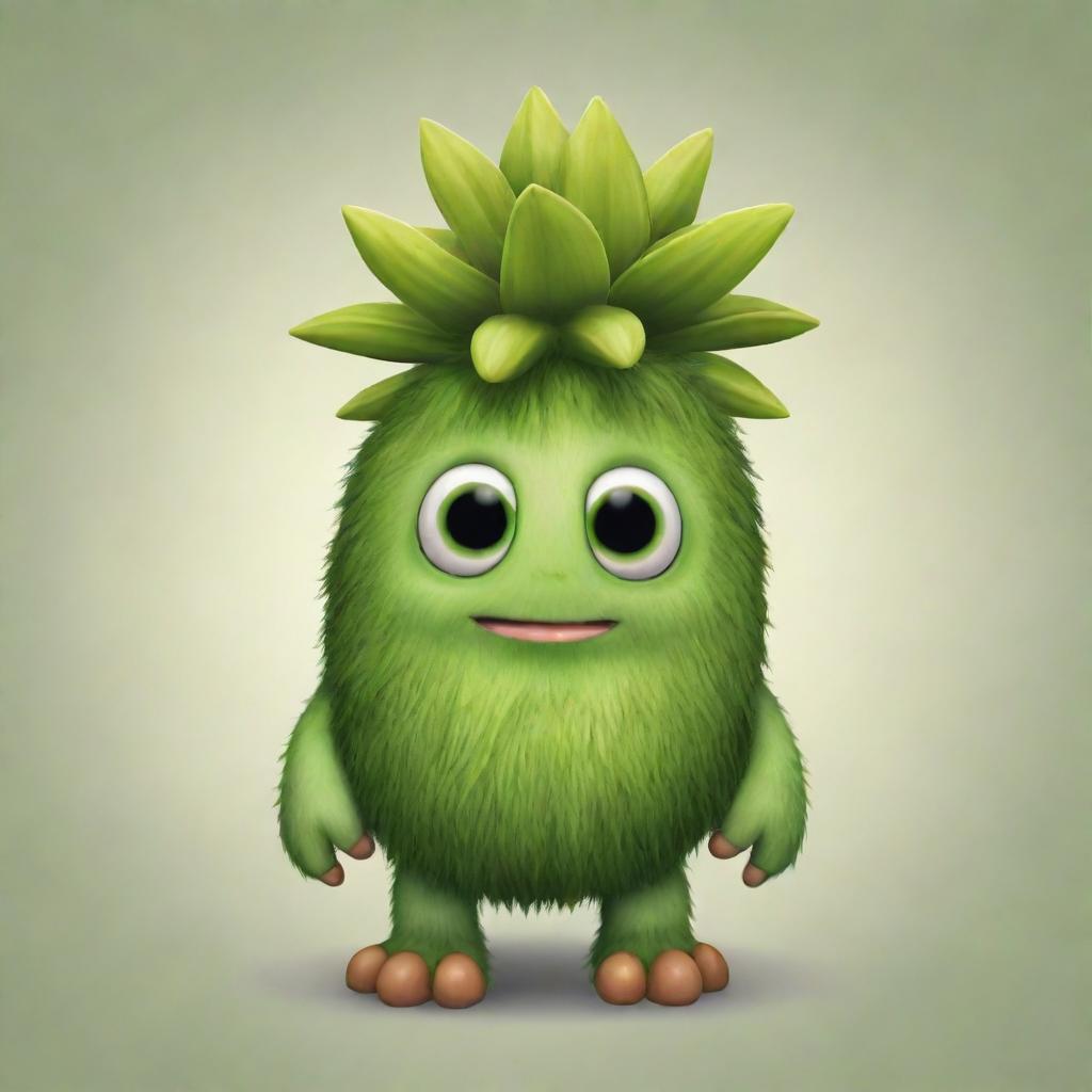 A cute, round Furcorn from My Singing Monsters game, with its lush green body and a budding flower atop its head, standing in a neutral background.