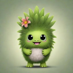 A cute, round Furcorn from My Singing Monsters game, with its lush green body and a budding flower atop its head, standing in a neutral background.