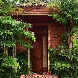 A traditional Indian house, adorned with rangoli patterns at the entrance, made of vibrant brick and wood, surrounded by lush tropical plants.