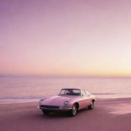 A sleek car parked at the edge of a pink ocean, illuminated by the radiant hues of a setting sun.