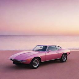 A sleek car parked at the edge of a pink ocean, illuminated by the radiant hues of a setting sun.