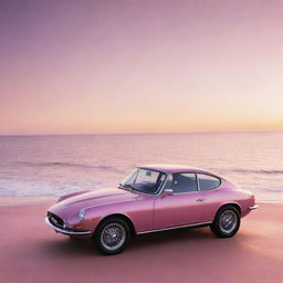 A sleek car parked at the edge of a pink ocean, illuminated by the radiant hues of a setting sun.