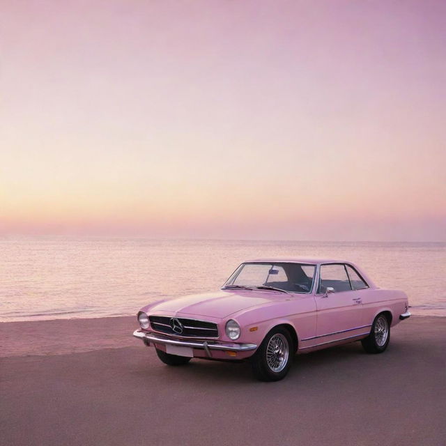 A sleek car parked at the edge of a pink ocean, illuminated by the radiant hues of a setting sun.