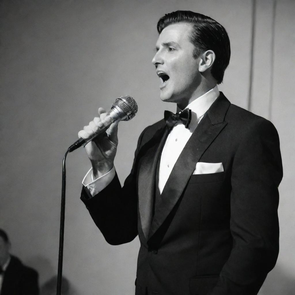 MC Stan transitioned into a classical singer, dressed in a formal tuxedo, passionately singing into a vintage microphone.