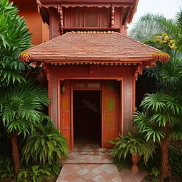 A traditional Indian house, adorned with rangoli patterns at the entrance, made of vibrant brick and wood, surrounded by lush tropical plants.