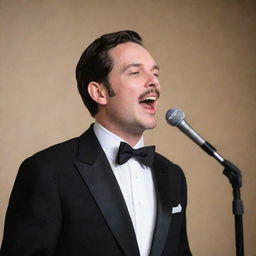 MC Stan transitioned into a classical singer, dressed in a formal tuxedo, passionately singing into a vintage microphone.