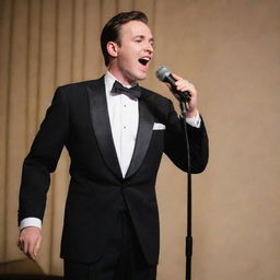 MC Stan transitioned into a classical singer, dressed in a formal tuxedo, passionately singing into a vintage microphone.