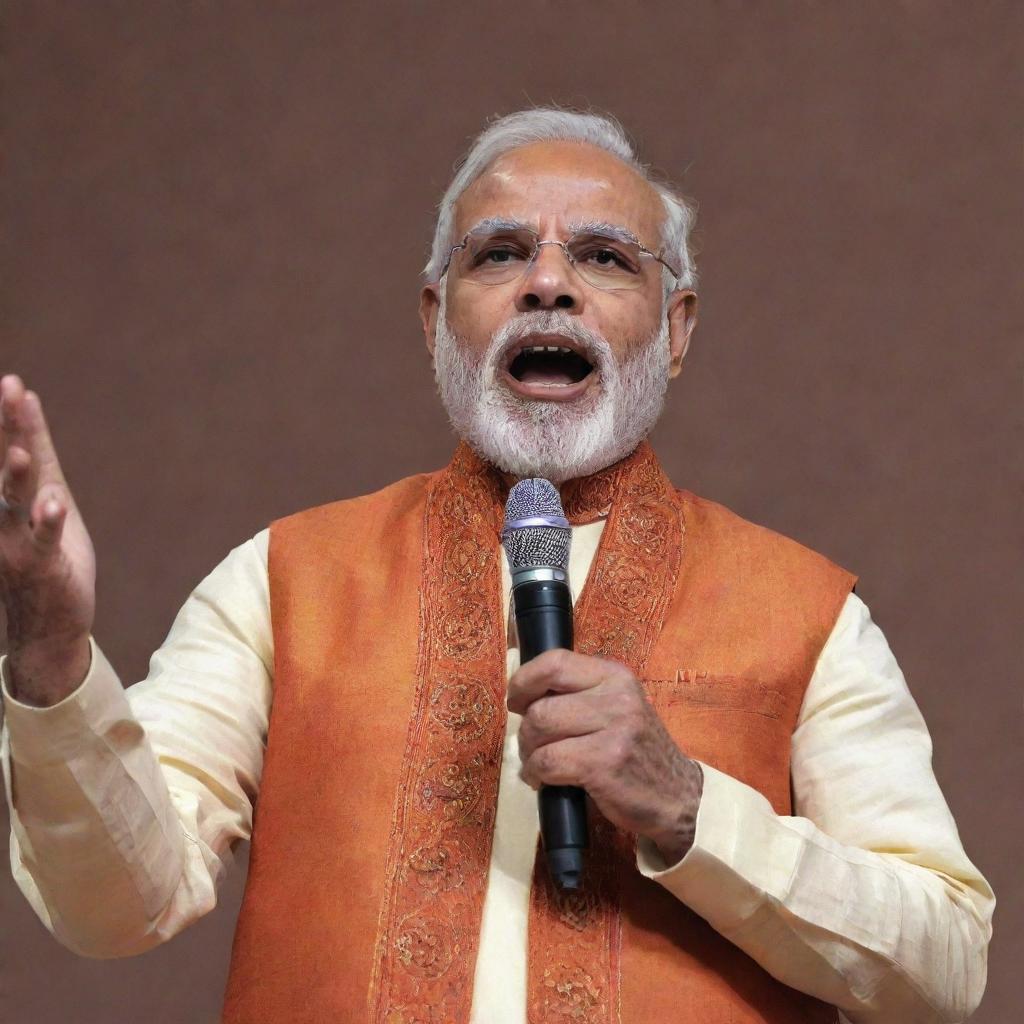 Narendra Modi portrayed as an Indian classical singer in traditional garb, holding a microphone and passionately singing.