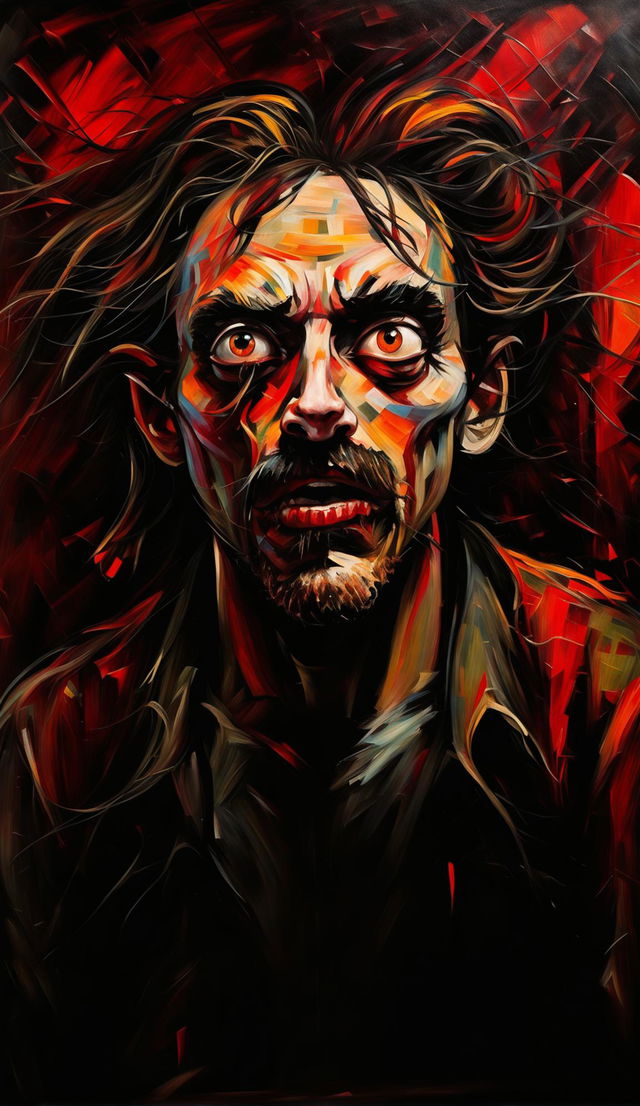 Expressionist painting of a man with wild eyes and disheveled hair, embodying the concept of being 'unhinged'.