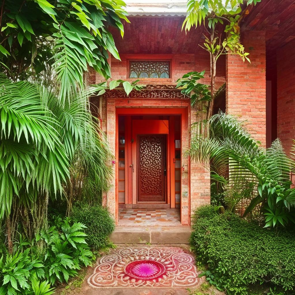 A traditional Indian house, adorned with rangoli patterns at the entrance, made of vibrant brick and wood, surrounded by lush tropical plants.