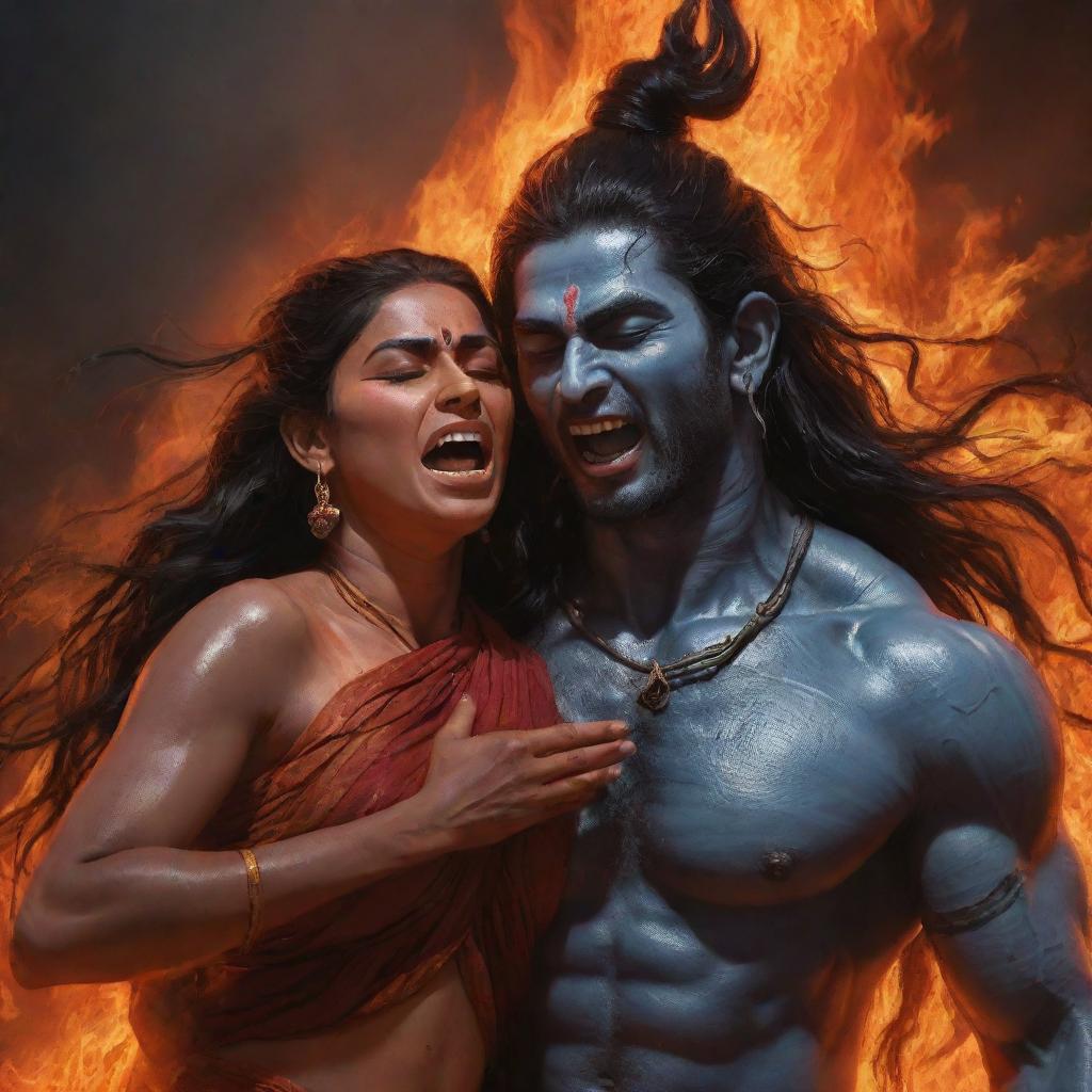 Realistic digital painting of Shiva, displaying frustration and sorrow, carrying a deceased woman in his arms. He's screaming upwards, detailings are intricate. Background is fiery. Image to be in ultra high resolution 8k quality.