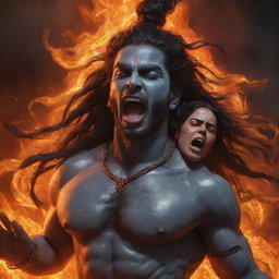 Realistic digital painting of Shiva, displaying frustration and sorrow, carrying a deceased woman in his arms. He's screaming upwards, detailings are intricate. Background is fiery. Image to be in ultra high resolution 8k quality.