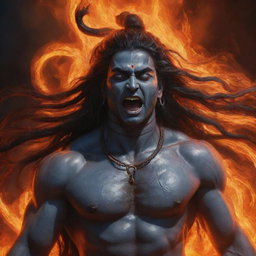 Realistic digital painting of Shiva, displaying frustration and sorrow, carrying a deceased woman in his arms. He's screaming upwards, detailings are intricate. Background is fiery. Image to be in ultra high resolution 8k quality.