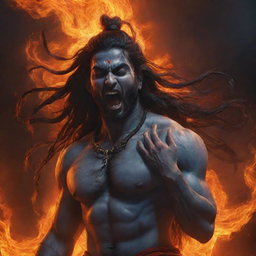 Realistic digital painting of Shiva, displaying frustration and sorrow, carrying a deceased woman in his arms. He's screaming upwards, detailings are intricate. Background is fiery. Image to be in ultra high resolution 8k quality.