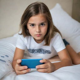 A young girl laying on her bed, engrossed in watching a video of a boy on her smartphone