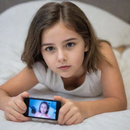 A young girl laying on her bed, engrossed in watching a video of a boy on her smartphone