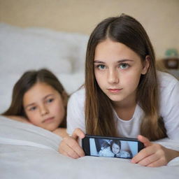 A young girl laying on her bed, engrossed in watching a video of a boy on her smartphone