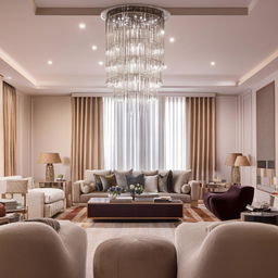 Modern interior design of a spacious and elegant living room. Accentuate with contemporary furniture, warm color palette, a sparkling crystal chandelier and a mixture of natural and artificial lighting.