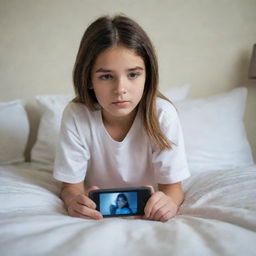 A young girl laying on her bed, engrossed in watching a video of a boy on her smartphone