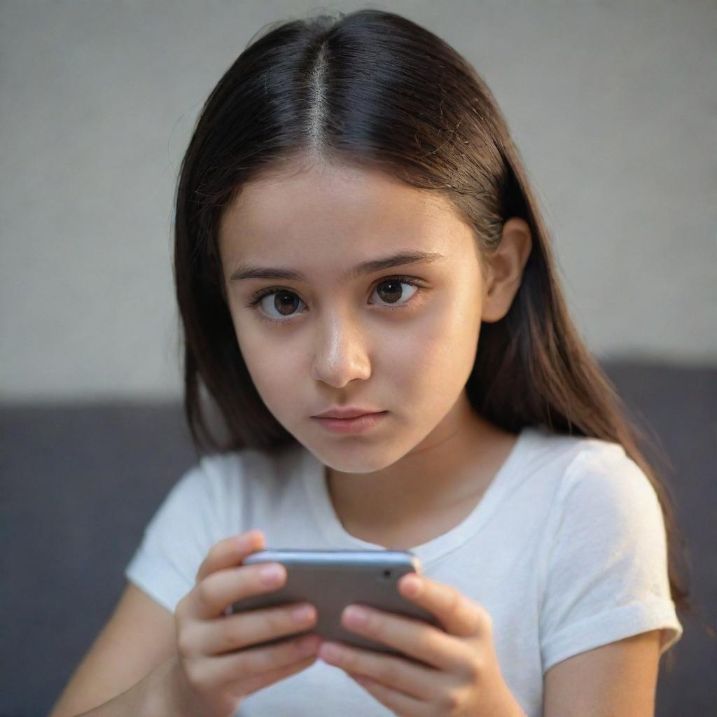 Animation of a girl engrossed in watching a video on her mobile phone, with focus on her anticipation and intrigue.