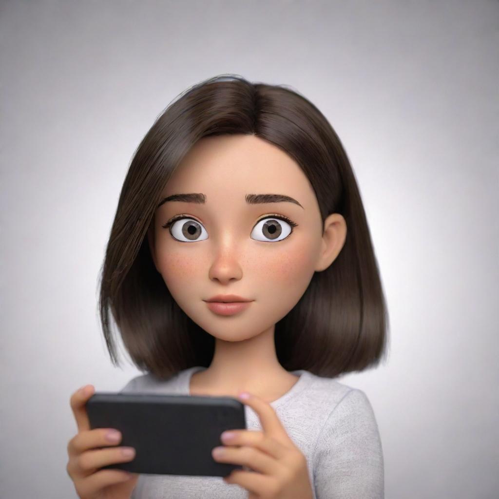 Animation of a girl engrossed in watching a video on her mobile phone, with focus on her anticipation and intrigue.