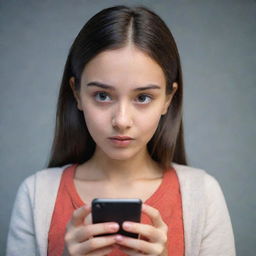 Animation of a girl engrossed in watching a video on her mobile phone, with focus on her anticipation and intrigue.