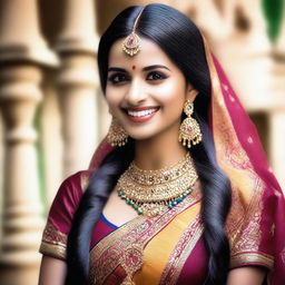 Generate an image of a beautiful Indian girl in traditional attire, with a warm smile on her face