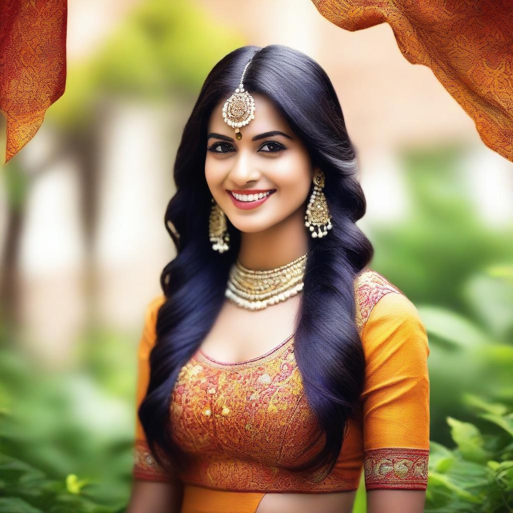 Generate an image of a beautiful Indian girl in traditional attire, with a warm smile on her face