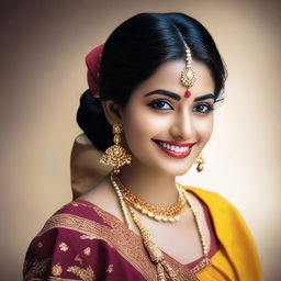 Generate an image of a beautiful Indian girl in traditional attire, with a warm smile on her face