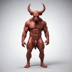 A mythical creature combining elements of a devil, cow, and human body. It has the head of a cow, a devil's horns and tail, with a muscular human body.