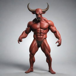 A mythical creature combining elements of a devil, cow, and human body. It has the head of a cow, a devil's horns and tail, with a muscular human body.