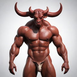 A mythical creature combining elements of a devil, cow, and human body. It has the head of a cow, a devil's horns and tail, with a muscular human body.