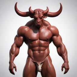 A mythical creature combining elements of a devil, cow, and human body. It has the head of a cow, a devil's horns and tail, with a muscular human body.