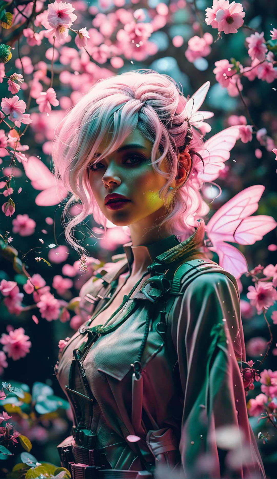 A Final Fantasy-inspired woman in a mystical forest with sunlight filtering through trees, ghostpunk aesthetic, fairy lights, magical white and pink lighting, flower aesthetic, fantasy vibes, bokeh effect, vignette effect, beautiful face, light particles, falling sakura petals, intricate details, 32k resolution, and water droplets.