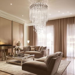 Modern interior design of a spacious and elegant living room. Accentuate with contemporary furniture, warm color palette, a sparkling crystal chandelier and a mixture of natural and artificial lighting.