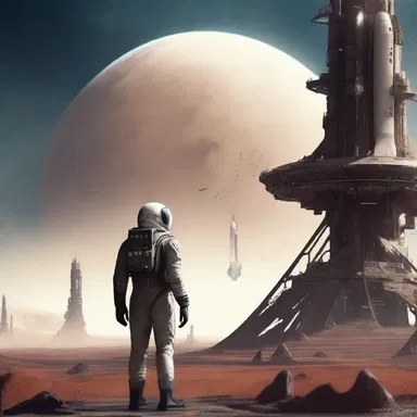 In the science fiction novel, the protagonist stands on the launchpad, ready to embark on a journey to explore a new planet.