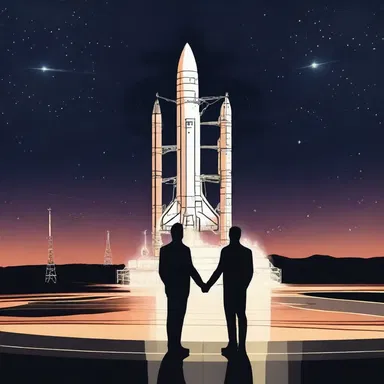 Under the starlit sky, the couple shares a romantic moment on the launchpad before the spaceship takes off into the vast unknown.