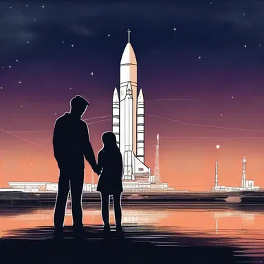 Under the starlit sky, the couple shares a romantic moment on the launchpad before the spaceship takes off into the vast unknown.