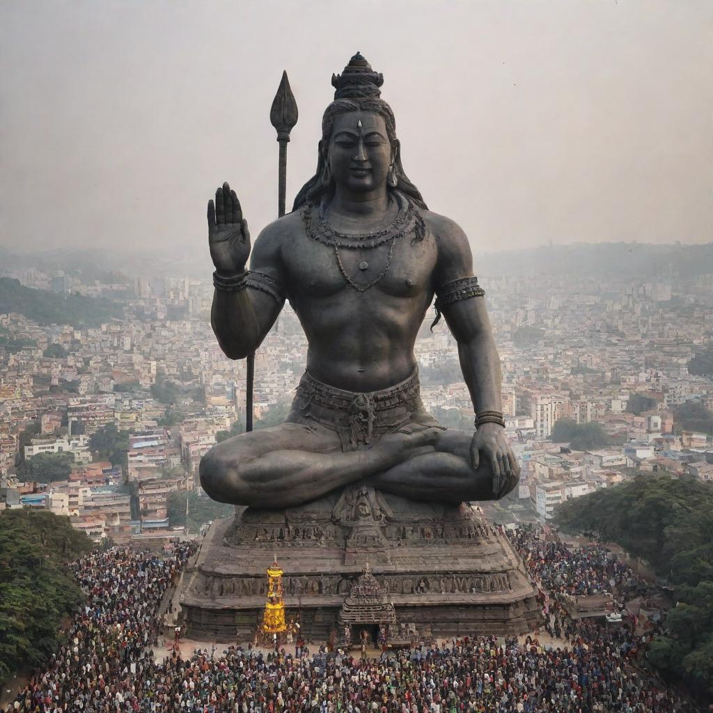 Gigantic statue of Lord Shiva looming over a bustling city, people standing in awe at its base