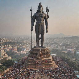 Gigantic statue of Lord Shiva looming over a bustling city, people standing in awe at its base