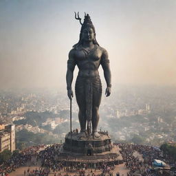 Gigantic statue of Lord Shiva looming over a bustling city, people standing in awe at its base