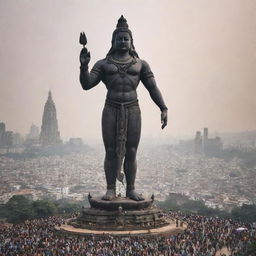 Gigantic statue of Lord Shiva looming over a bustling city, people standing in awe at its base